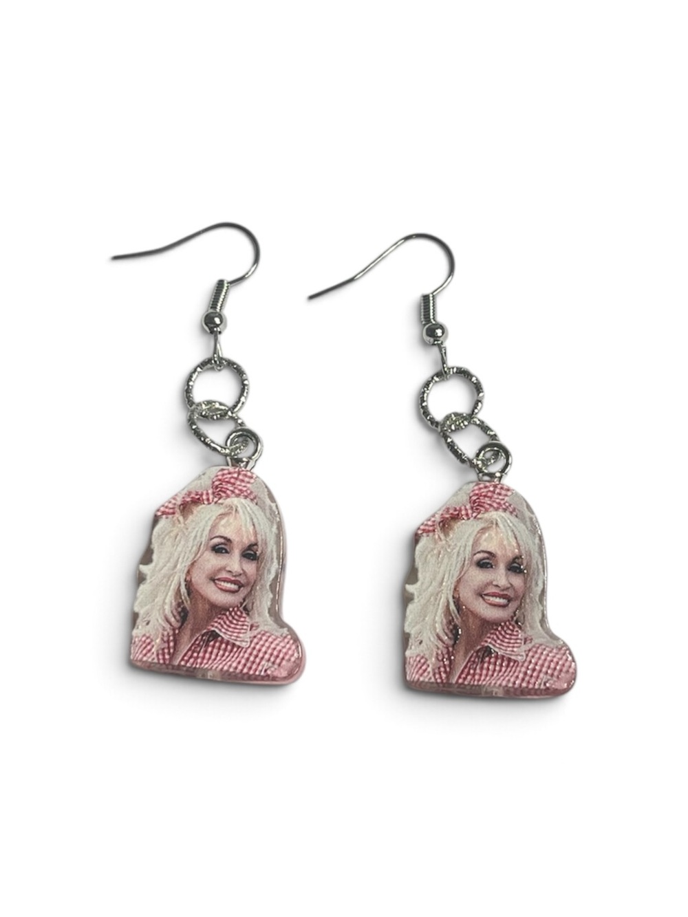 Dolly Parton Photo Charm Drop Earrings with Pink Accents